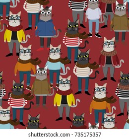 cool hipster cat seamless pattern