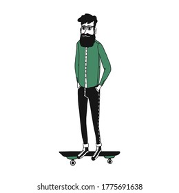 Cool hipster character with a beard on a skateboard. an adult man in glasses, jeans and sneakers rides a skateboard. Character of a city dweller. Vector illustration isolated on a white background