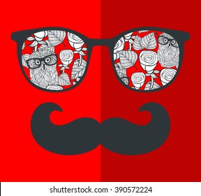 Cool hipster face print of man with sunglasses. Vector illustration of vintage person in glasses with pattern reflection in it.