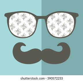 Cool hipster face print of man with sunglasses. Vector illustration of vintage person in glasses with pattern reflection in it.