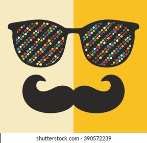 Cool hipster face print of man with sunglasses. Vector illustration of vintage person in glasses with pattern reflection in it.