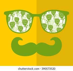 Cool hipster face print of man with sunglasses. Vector illustration of vintage person in glasses with pattern reflection in it.