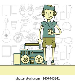 Cool hipster guy with fashion accesories and elements cartoon pastel colors vector illustration graphic design