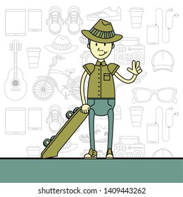 Cool hipster guy with fashion accesories and elements cartoon pastel colors vector illustration graphic design