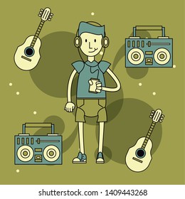 Cool hipster guy with fashion accesories and elements cartoon pastel colors vector illustration graphic design