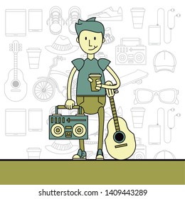 Cool hipster guy with fashion accesories and elements cartoon pastel colors vector illustration graphic design