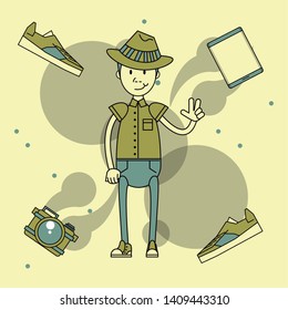 Cool hipster guy with fashion accesories and elements cartoon pastel colors vector illustration graphic design