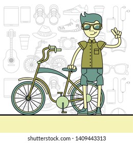 Cool hipster guy with fashion accesories and elements cartoon pastel colors vector illustration graphic design