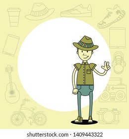 Cool hipster guy with fashion accesories and round blank frame cartoon pastel colors vector illustration graphic design