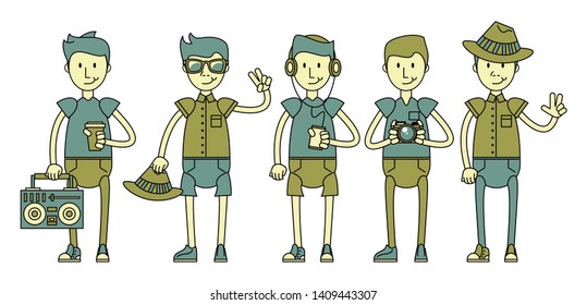 Cool hipster guys characters with fashion accesories cartoons isolated, fashion men models vector illustration graphic design