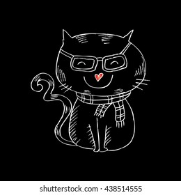 Cool hipster hand drawn cat. Hand drawing illustration.