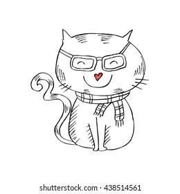 Cool hipster hand drawn cat. Hand drawing illustration.