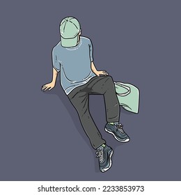 Cool Hipster laying on the ground with green bag and hat isolated on Blue background vector modern illustrations