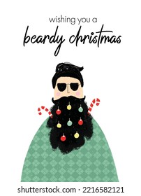 Cool hipster man with a beard stuffed with candy canes and christmas balls. Funny Holiday greeting card.