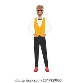 Cool hipster man with hands on hips. Serious boy in classical suit vector cartoon illustration