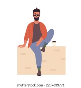 Cool hipster man in sitting pose. Bearded stylish teenager wearing sunglasses vector illustration