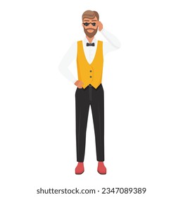 Cool hipster man wearing glasses. Hipster boy in standing pose vector cartoon illustration