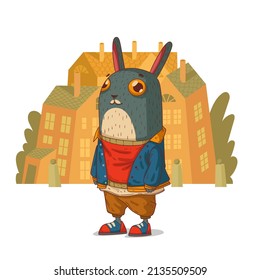 Cool Hipster Rabbit, vector illustration. Anthropomorphic hare in casual outfit against buildings' silhouettes. An animal character with a human body. Humanized bunny dude. 2023 symbol