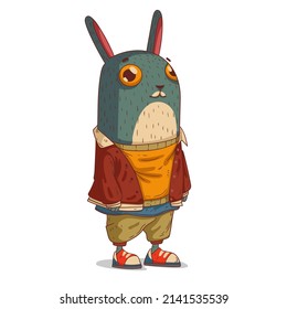 Cool Hipster Rabbit, vector illustration. Anthropomorphic hare wearing street style clothes. An animal character with a human body. Positive trendy dressed hare. Humanized bunny dude. 2023 symbol