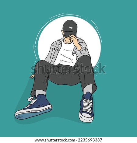 Cool Hipster sitting on the ground isolated on turqoise background vector modern illustrations