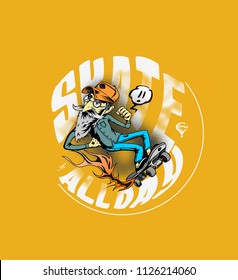 Cool hipster skater with skateboard, Hand Drawn Sketch Vector illustration.