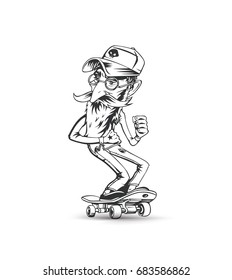 Cool hipster skater with skateboard, Hand Drawn Sketch Vector illustration.