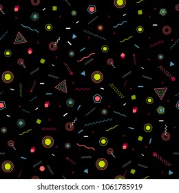 Cool hipster style memphis seamless pattern. Trendy bright abstract texture with color funky shapes on black background. Vector illustration in neo memphis art style for fashion fabric print