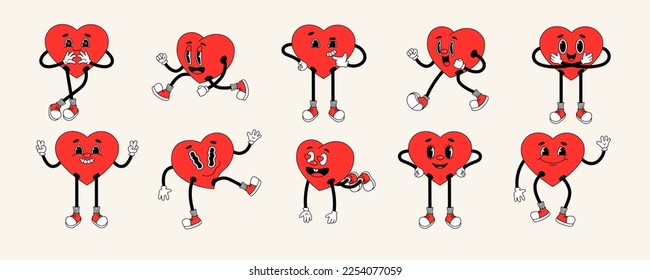 Cool Hipster Trendy Emoji. Funny cartoon hearts characters. Comic stickers, patches, and pins set. Vector illustration in trendy retro cartoon style.