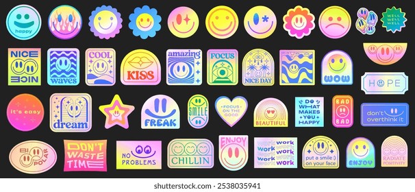 Cool Holographic Y2k Stickers Vector Set. Gradient Smile Badges. Pop Art futuristic patches.