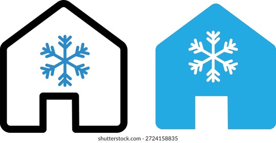 Vector de icono de casa fresca. Conjunto de iconos de la casa con el símbolo del copo de nieve que representa. Logo de contorno simple plano de icono de casa fresco. Ilustración vectorial

