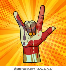Cool horns hand gesture - symbol of fortune and trendy youth culture, pop art illustration. Vector poster drawing in retro comic style.