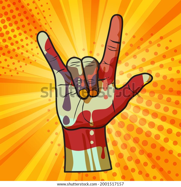 Cool horns hand gesture - symbol of fortune and\
trendy youth culture, pop art illustration. Vector poster drawing\
in retro comic style.