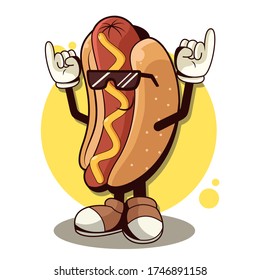 cool hot dog character wearing sunglasses vector mascot illustration