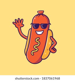 Cool Hotdog Cartoon Vector Icon Illustration. Food Mascot Icon Concept Isolated Premium Vector. Flat Cartoon Style