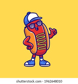 Cool Hotdog Wearing Glasses And Hat Cartoon Vector Icon Illustration. Food Fashion Icon Concept Isolated Premium Vector. Flat Cartoon Style