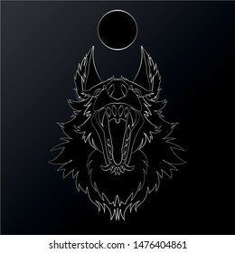 Cool Howling Silver Wolf and Full Moon In Dark Background 