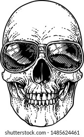 A cool human skeleton skull wearing sunglasses or shades 