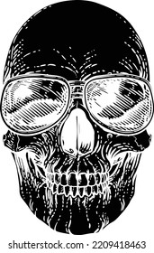 A cool human skeleton skull wearing sunglasses or shades 