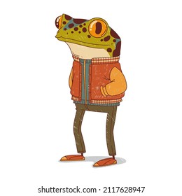 Cool humanized hipster frog, isolated vector illustration. Calm anthropomorphic frog wearing a casual outfit, standing still with his hands in pockets. Animal character with human body. Furry dude