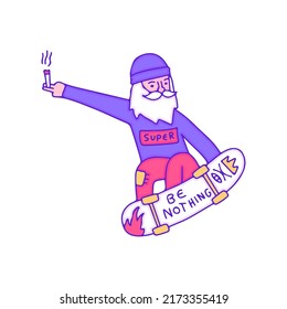 Cool hype bearded old man with beanie hat and smoke cigarette freestyle with skateboard, illustration for t-shirt, sticker, or apparel merchandise. With modern pop art.