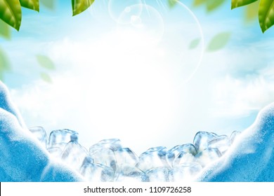 Cool Ice Background With Green Leaves And Sunbeams In 3d Illustration