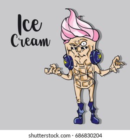 Cool ice cream cartoon character listening to music in headphones. Colorful cartoon food character isolated vector illustration.