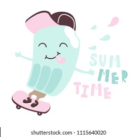 Cool ice cream ride on skateboard print. Summer time slogan. Skater fruit ice boy. Fashion child vector. Fun illustration for t-shirt, kids apparel design. Cartoon sport character for children