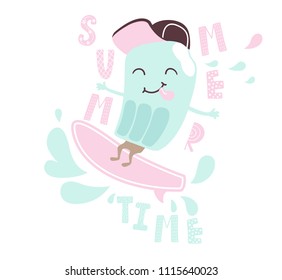 Cool ice cream ride on surfboard print. Summer slogan. Surfer fruit ice boy. Fashion child vector. Fun illustration for t-shirt, kids apparel design. Cartoon sport character for children