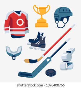 Cool ice hockey equipment items collection including jersey, trophy cup, helmet, mouthguard, finger whistle, puck and skates