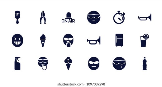 Cool icon. collection of 18 cool filled icons such as cleanser, trumpet, stopwatch, cocktail, ice cream, nippers, clean fridge. editable cool icons for web and mobile.