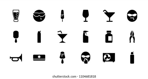 Cool icon. collection of 18 cool filled icons such as cocktail, cleanser, trumpet, ice cream on stick, medical bottle, soda. editable cool icons for web and mobile.