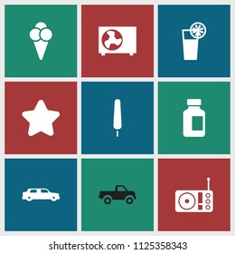 Cool icon. collection of 9 cool filled icons such as star, ice cream on stick, medical bottle, radio, cocktail, ice cream. editable cool icons for web and mobile.