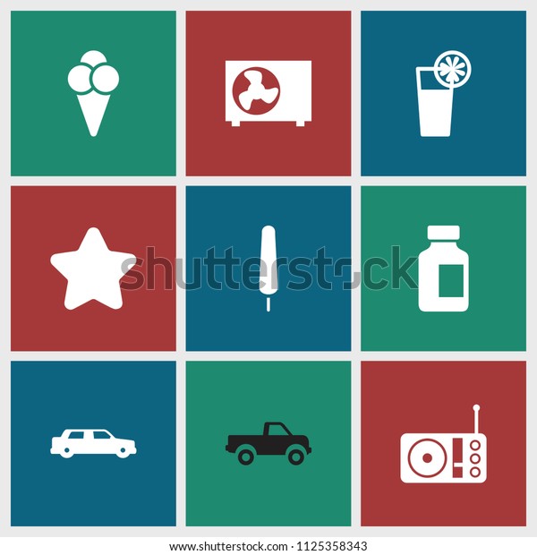 Cool icon. collection of 9 cool\
filled icons such as star, ice cream on stick, medical bottle,\
radio, cocktail, ice cream. editable cool icons for web and\
mobile.