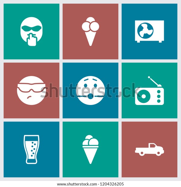 Cool icon. collection of 9 cool filled icons
such as car, surprised emot, ice cream, soda, air conditioner.
editable cool icons for web and
mobile.